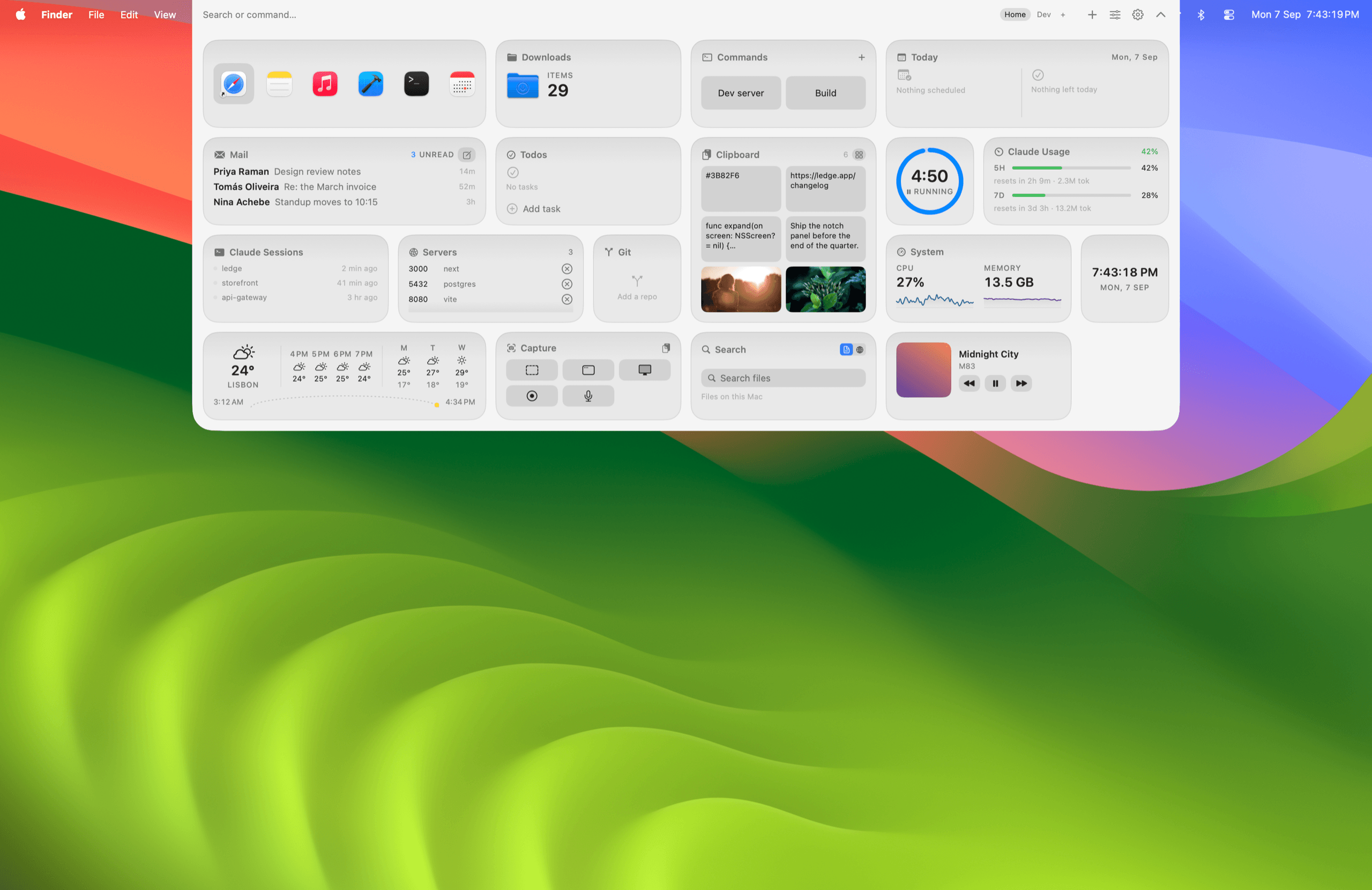 Ledge anchored to the top edge of a display without a notch, the panel hanging from the menu bar.