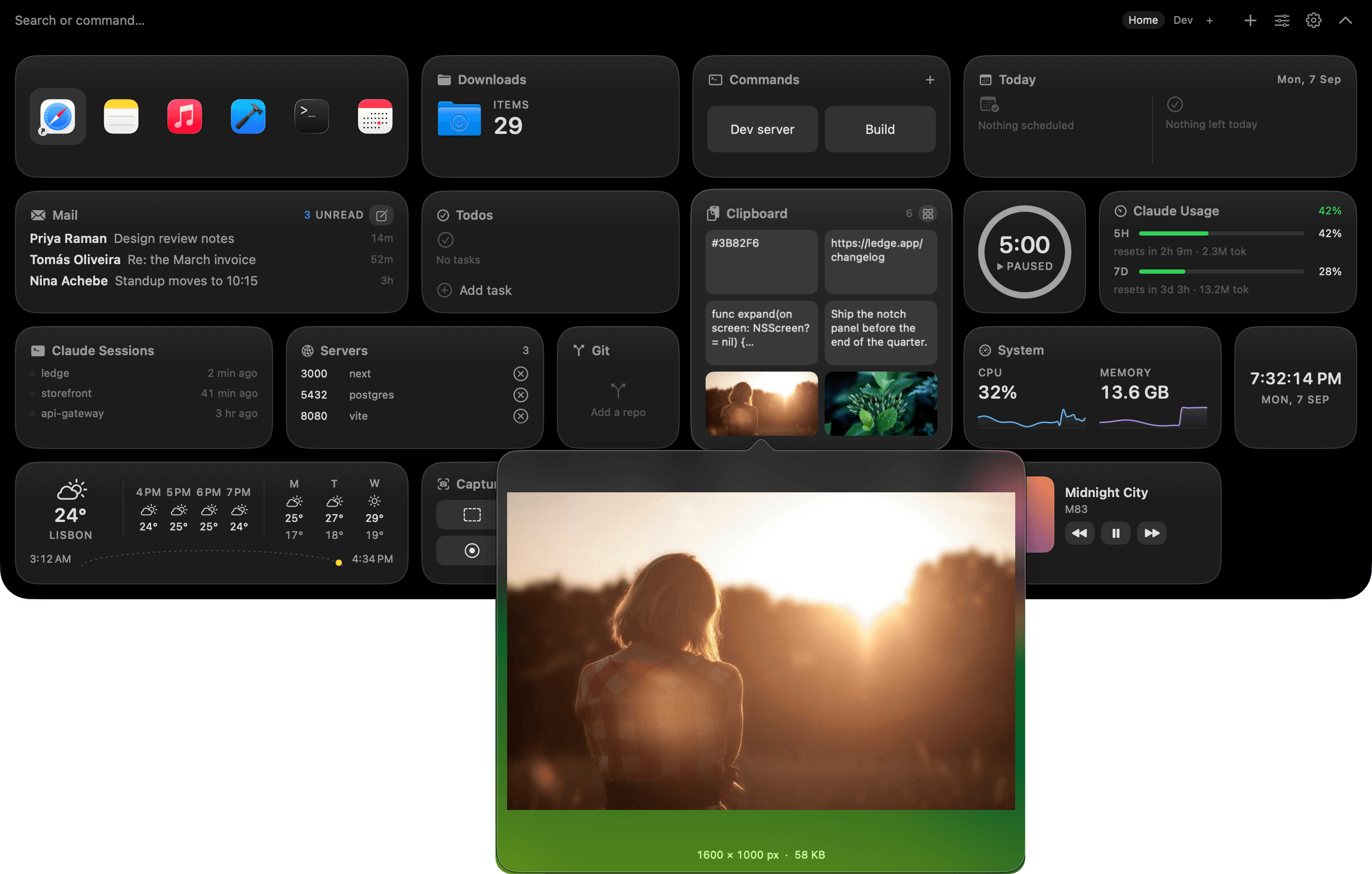 The Ledge clipboard widget with an image clip hovered, showing a full preview of the copied picture.