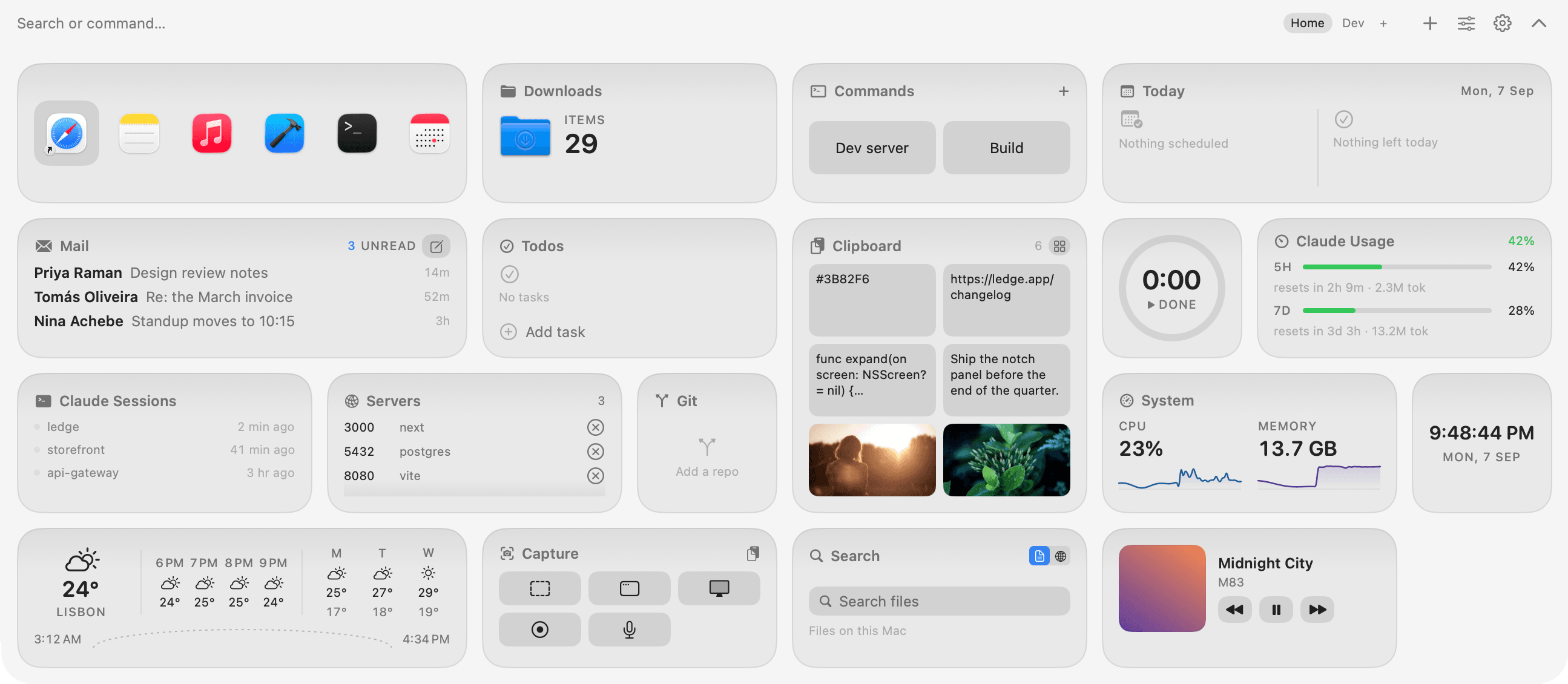 The Ledge Home page in light mode, the same widget grid on a white surface.